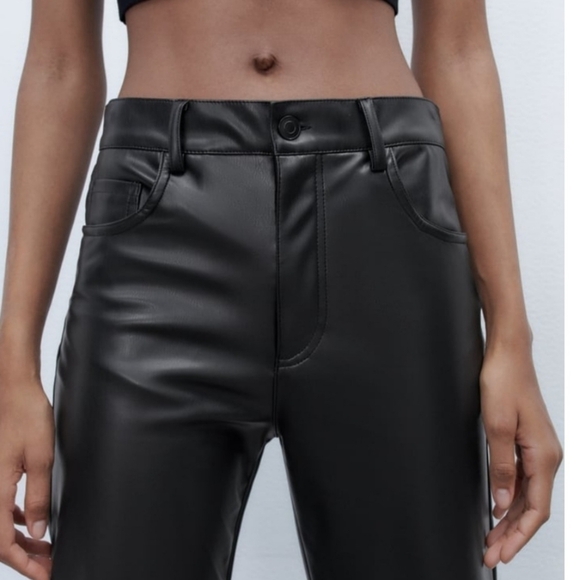 Zara pants leather faux  straight leg black womens high waisted 5 Pockets zip - Picture 9 of 16